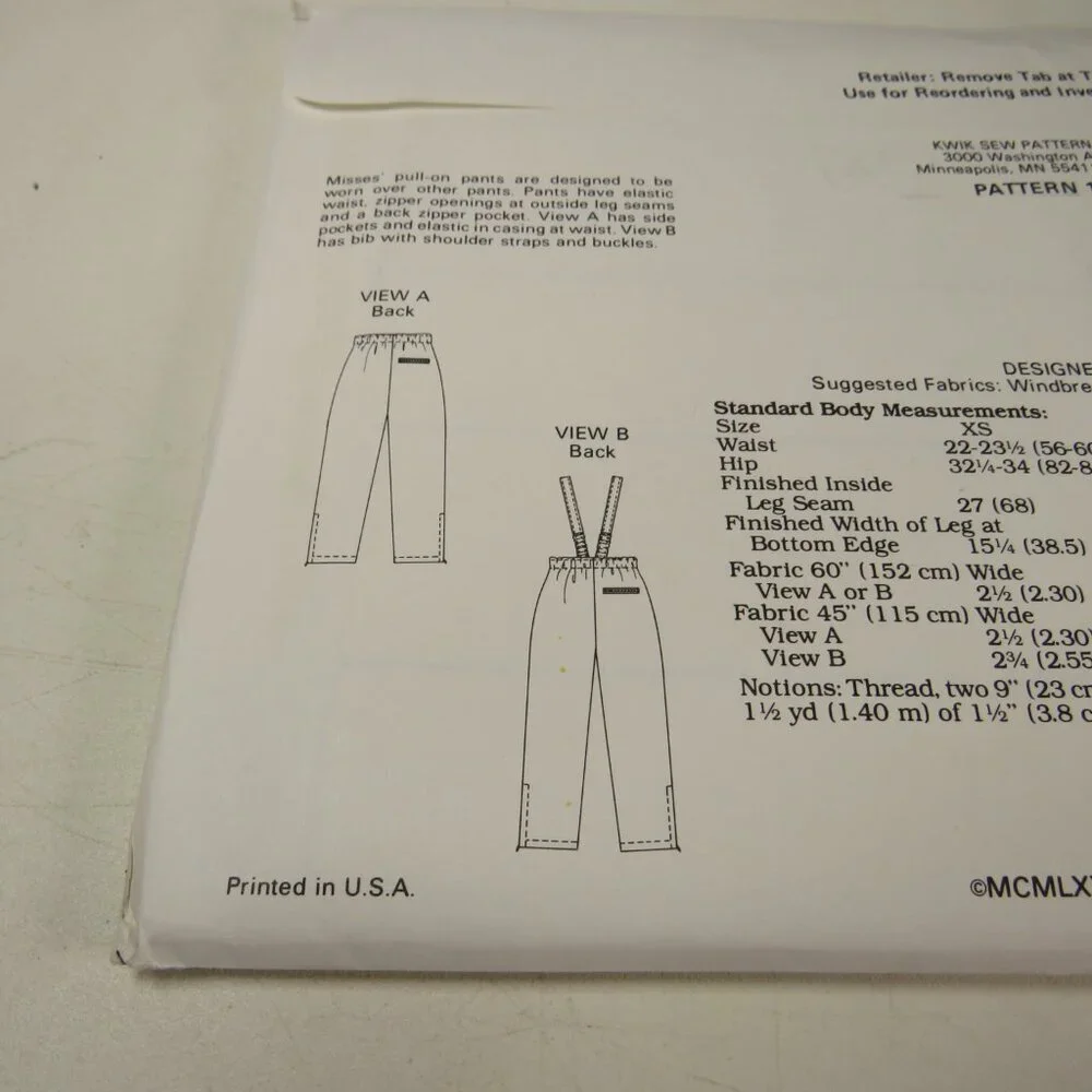 Kwik Sew 1936 Sewing Pattern UNCUT Pants, Overalls, Jumper, Snow Pants